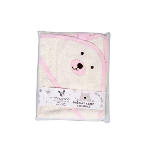 MONI Baloo kapucnis törölköző/pamut maci füles fehér kifogó 70x90cm, szegés pink