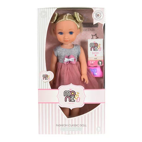 MONI Baba 36 cmes szőke szürke/pink ruhával