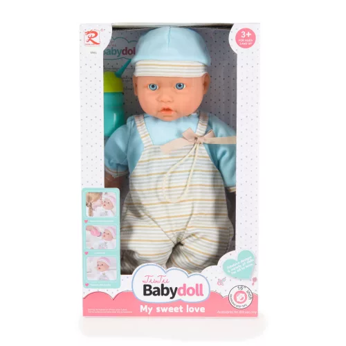 MONI Baba 41 cm-es fiú baba, csíkos, kantáros nacis vkék/szürke