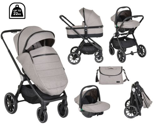 CANGAROO Christiano babakocsi szett 3in1 lapra csukható, alu váz, 22kgig bézs/szürke