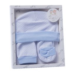   Gamberritos kiegészítõ szett újszülötteknek 3 részes (sapka, kesztyû, kiscipõ) pöttyös kék 9723