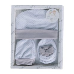   Gamberritos kiegészítõ szett újszülötteknek 3 részes (sapka, kesztyû, kiscipõ) pöttyös szürke 9723