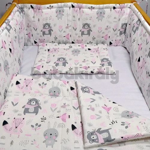3 részes baba ágynemű szett erdei állatok rózsaszín